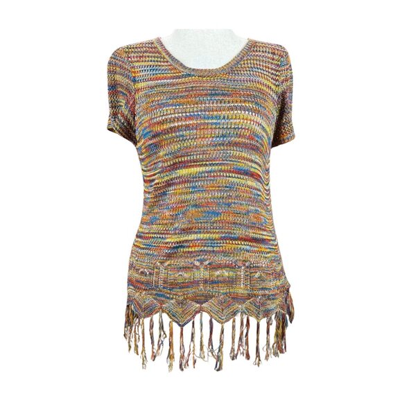 VERSONA MULTI-COLORED MESH KNIT TOP WITH FRINGE EMBELLISHMENT, SIZE M - Picture 1 of 4